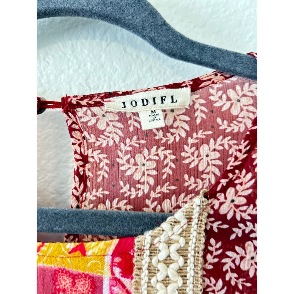 JODIFL Patchwork Floral Long Sleeve Blouse in Red, Yellow, Green, Black - Picture 4 of 7